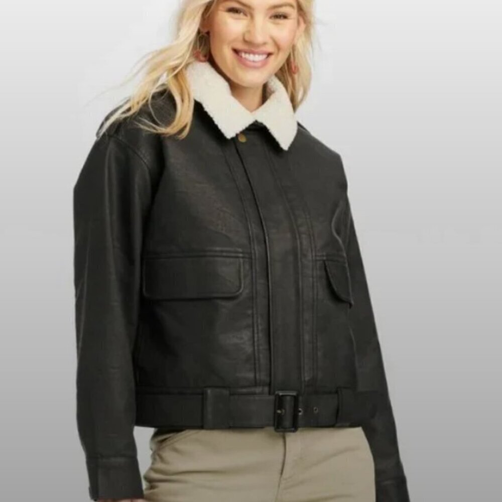 Universal Thread Women's Black Faux Leather Bomber Jacket New XS